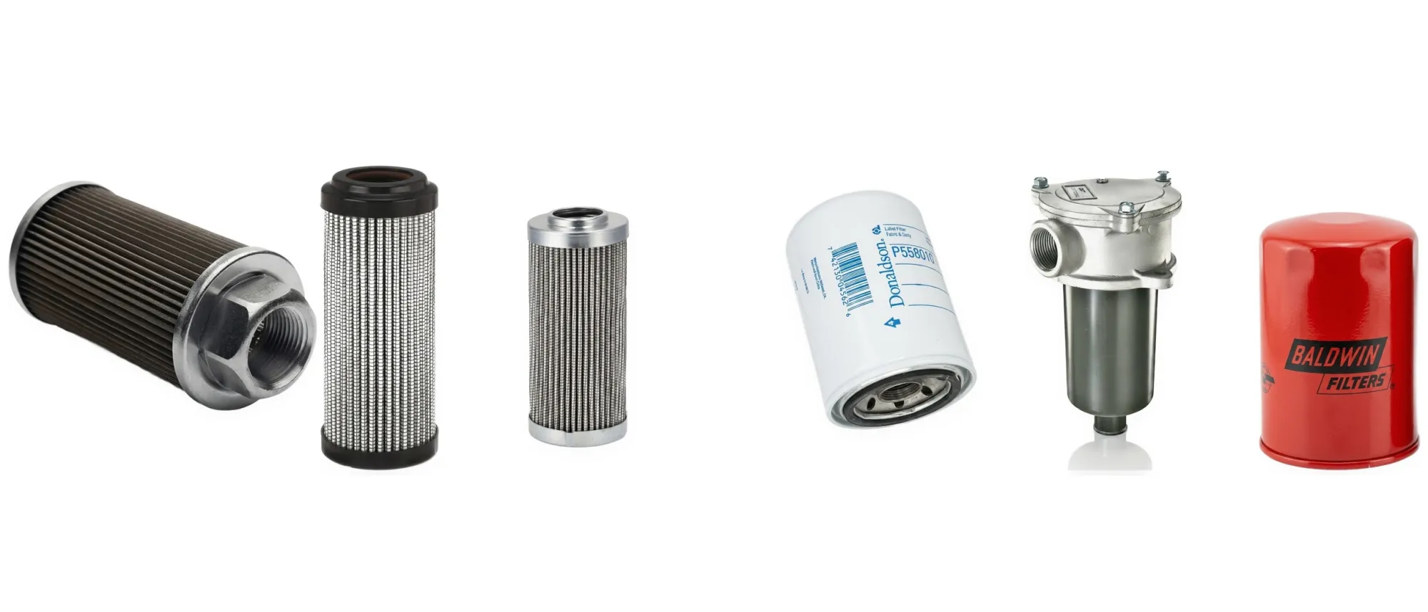 Filtros hidráulicos: succión, retorno, elemento de microfibra, alta presión y en línea, junto a un filtro de aceite roscado