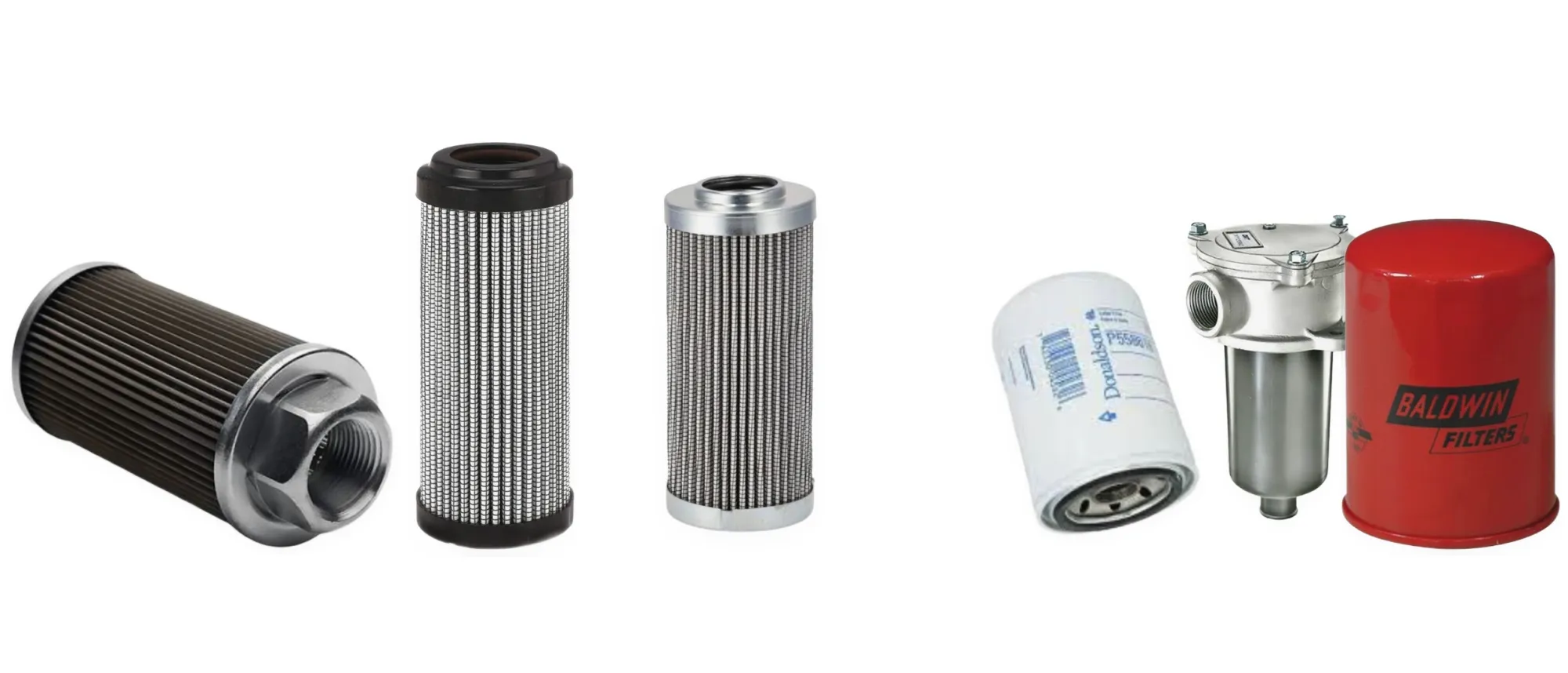 Filtros hidráulicos: succión, retorno, elemento de microfibra, alta presión y en línea, junto a un filtro de aceite roscado